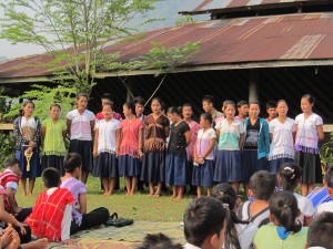 This is grades 6 & 8 that did a special music. While they were singing, some of them put yarn leis on all the teachers.