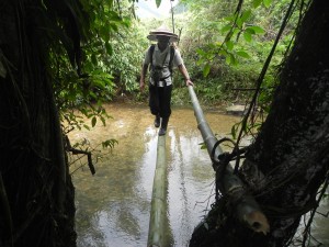 Now, if you want a scary bridge to cross, just try crossing on a single bamboo log and holding onto a flimsy bamboo pole. At least you didn't have to far to fall.