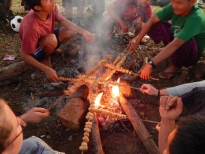 Roasting TVP shish-k-babs on bamboo sticks.