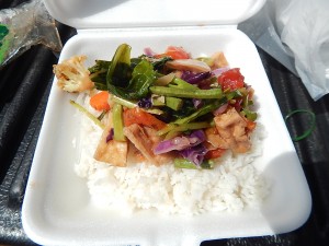Stir-fry vegetables on rice, plus other goodies!