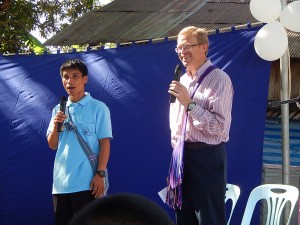 Here Thara Joko and his translator give the welcoming speech.
